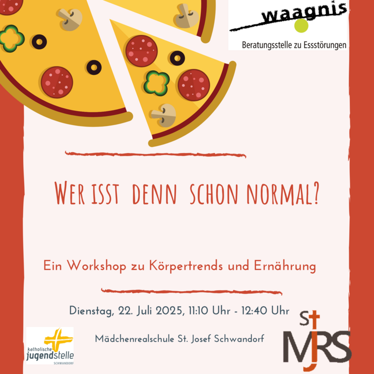 Einladungsflyer für einen Workshop zum Thema Essverhalten. Zu sehen ist ein Stück Pizza als Illustration.